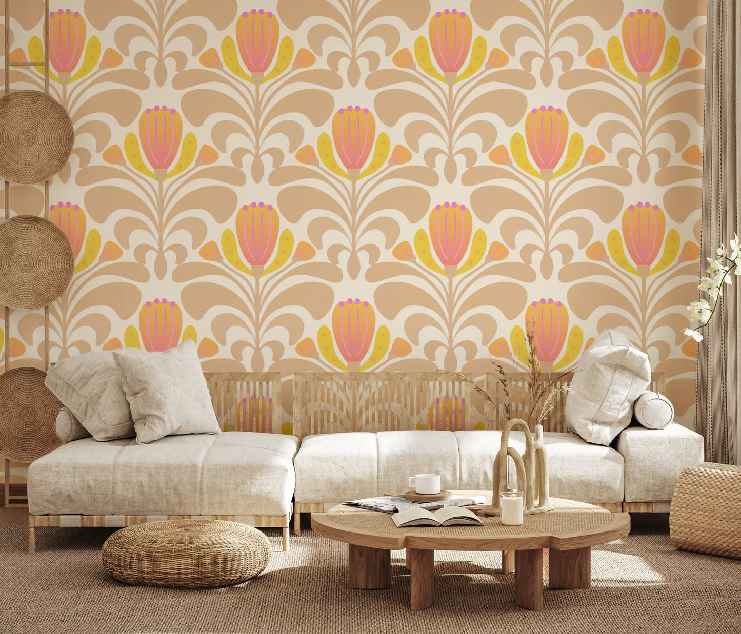 Sunny Floral Melody Wallpaper with stylized petals and golden dotted leaves