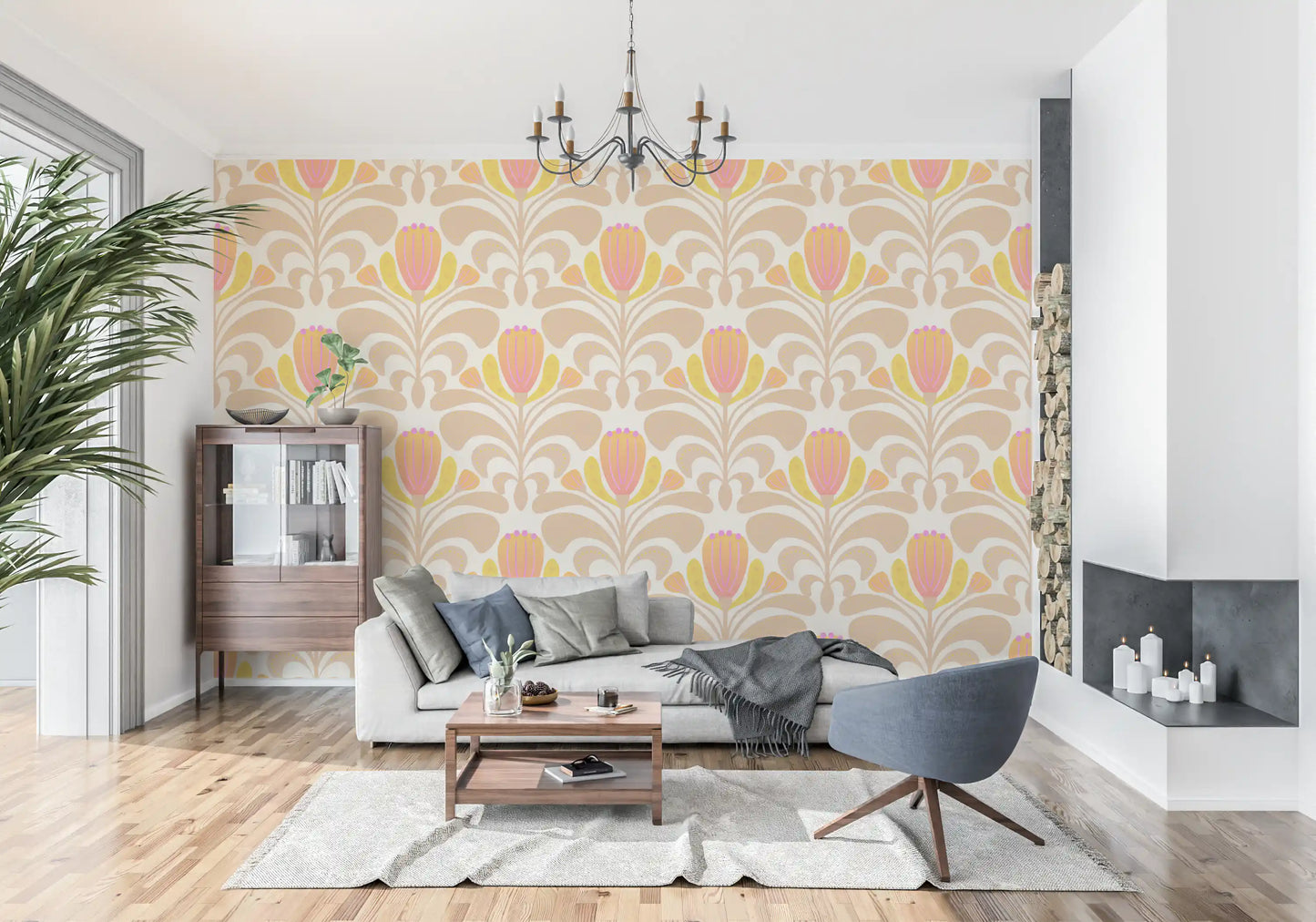 Decorative floral wallpaper with blush flower heads and sandy leaf shapes