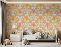 Peach pattern wallpaper with radiant blooms and gentle curved detailing