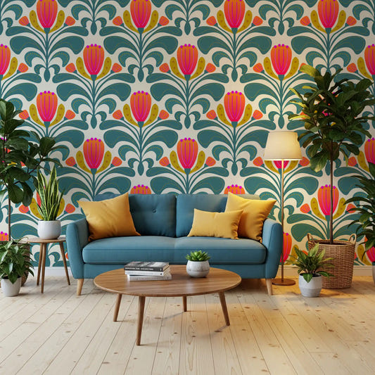 Teal botanical wallpaper with large curved leaves and bright flower motifs