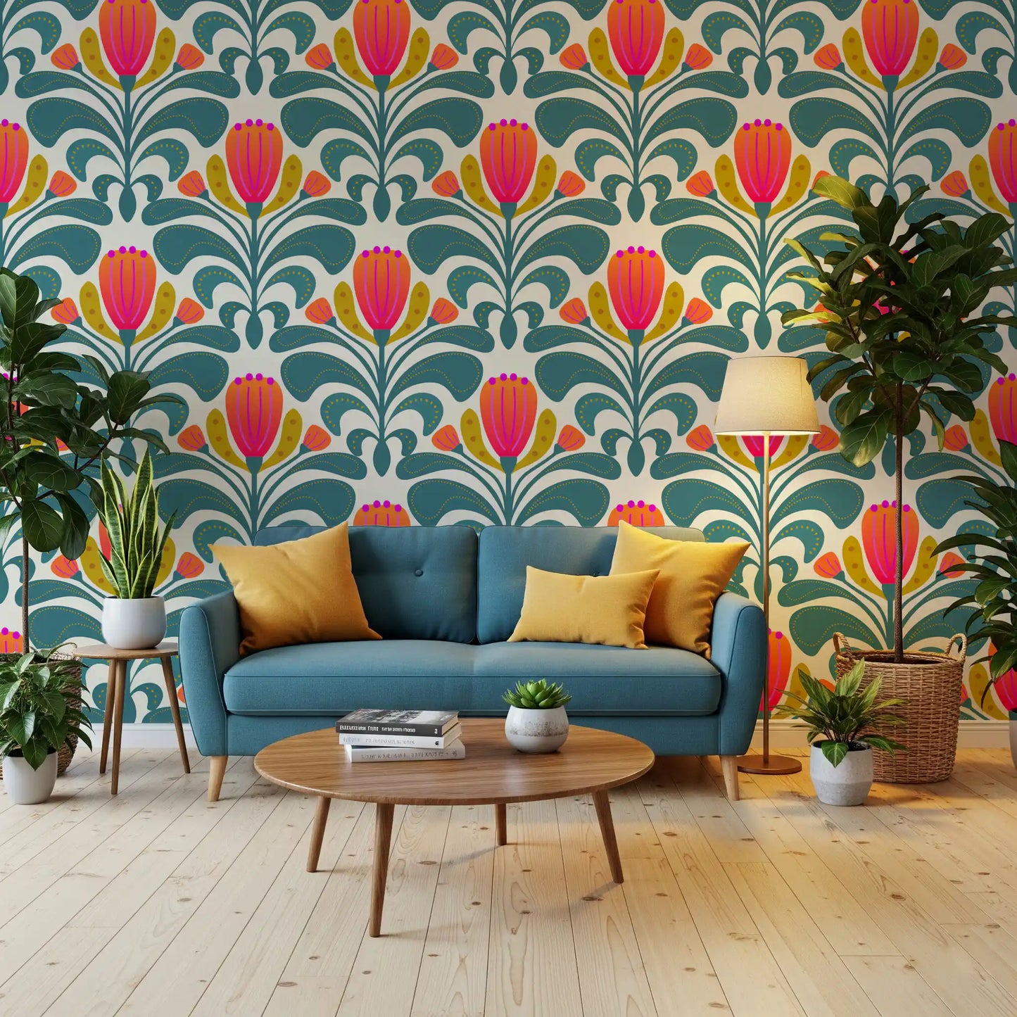 Teal botanical wallpaper with large curved leaves and bright flower motifs