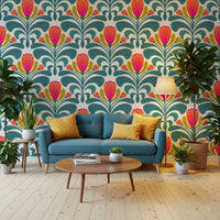 Teal botanical wallpaper with large curved leaves and bright flower motifs