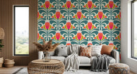 Artistic floral wallpaper featuring tapestry-style leaves and vivid accents
