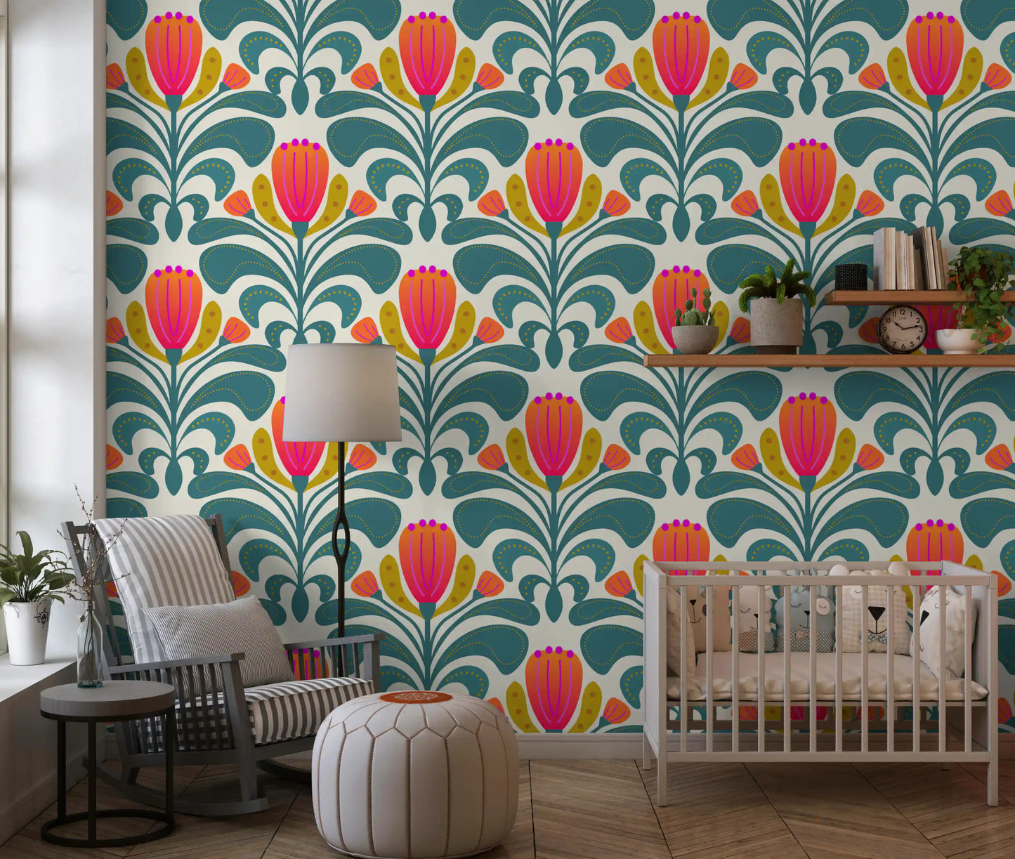 Bold Botanical Tapestry Wallpaper with oversized flowers and teal leaf curves