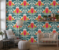 Bold Botanical Tapestry Wallpaper with oversized flowers and teal leaf curves