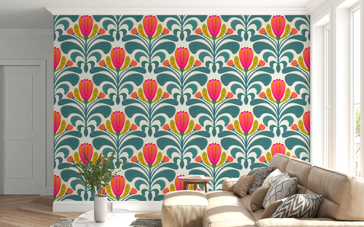 Hallway Tapestry Wallpaper featuring teal scroll leaves and pink flower forms
