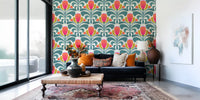 Folk floral wallpaper showing coral blooms, mustard shapes, and cream backing