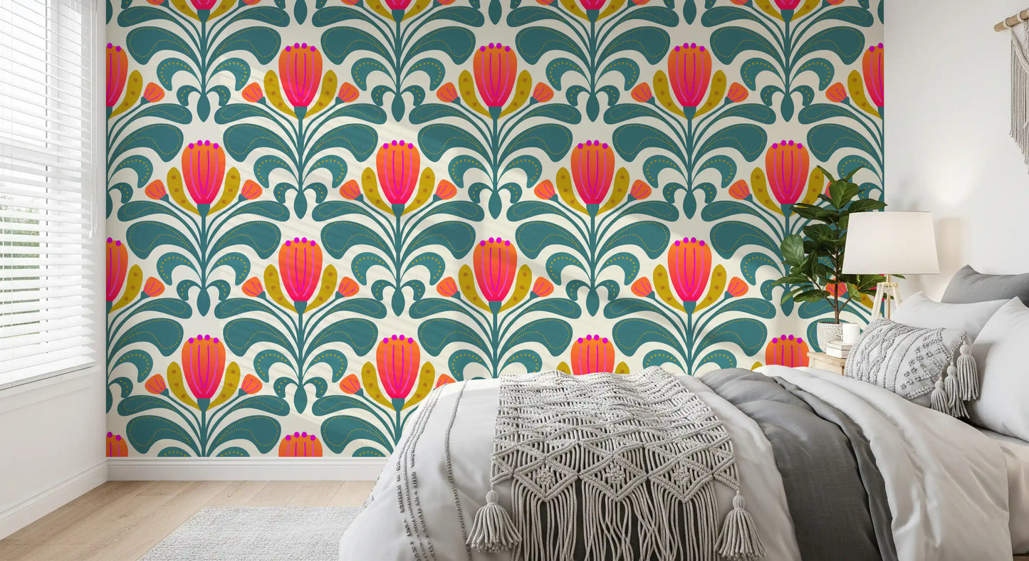 Bedroom Bold Botanical Tapestry wallpaper with teal leaves and coral blooms