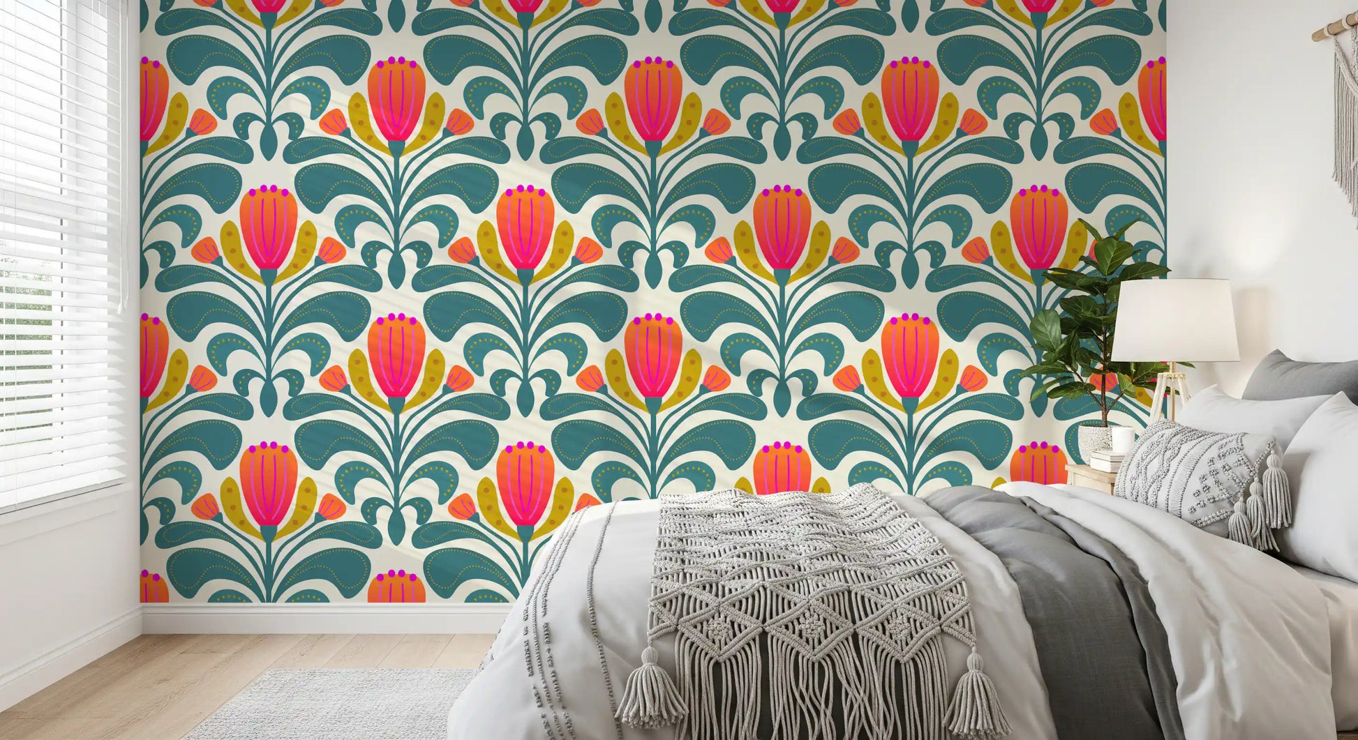 Bedroom Bold Botanical Tapestry wallpaper with teal leaves and coral blooms