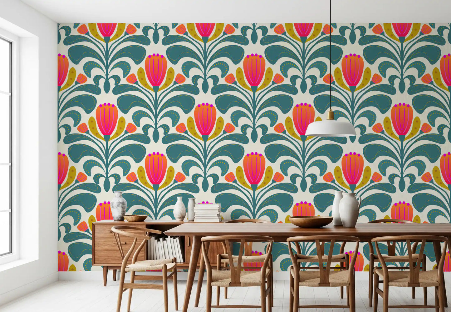 Dining room Botanical Wallpaper with coral petals and decorative dotted details