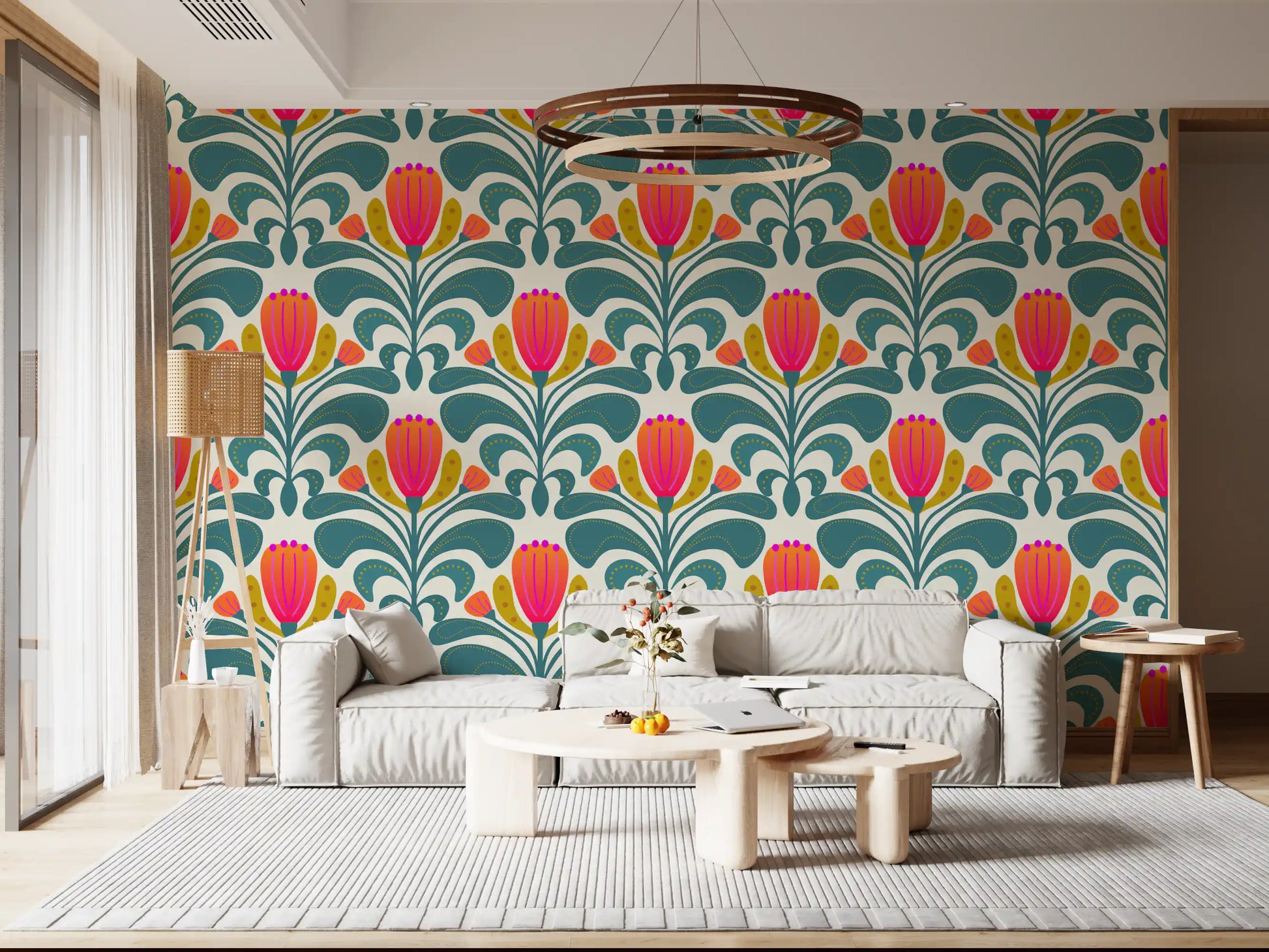 Living room Bold Floral Wallpaper with mustard accents and curved foliage