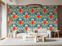 Living room Bold Floral Wallpaper with mustard accents and curved foliage
