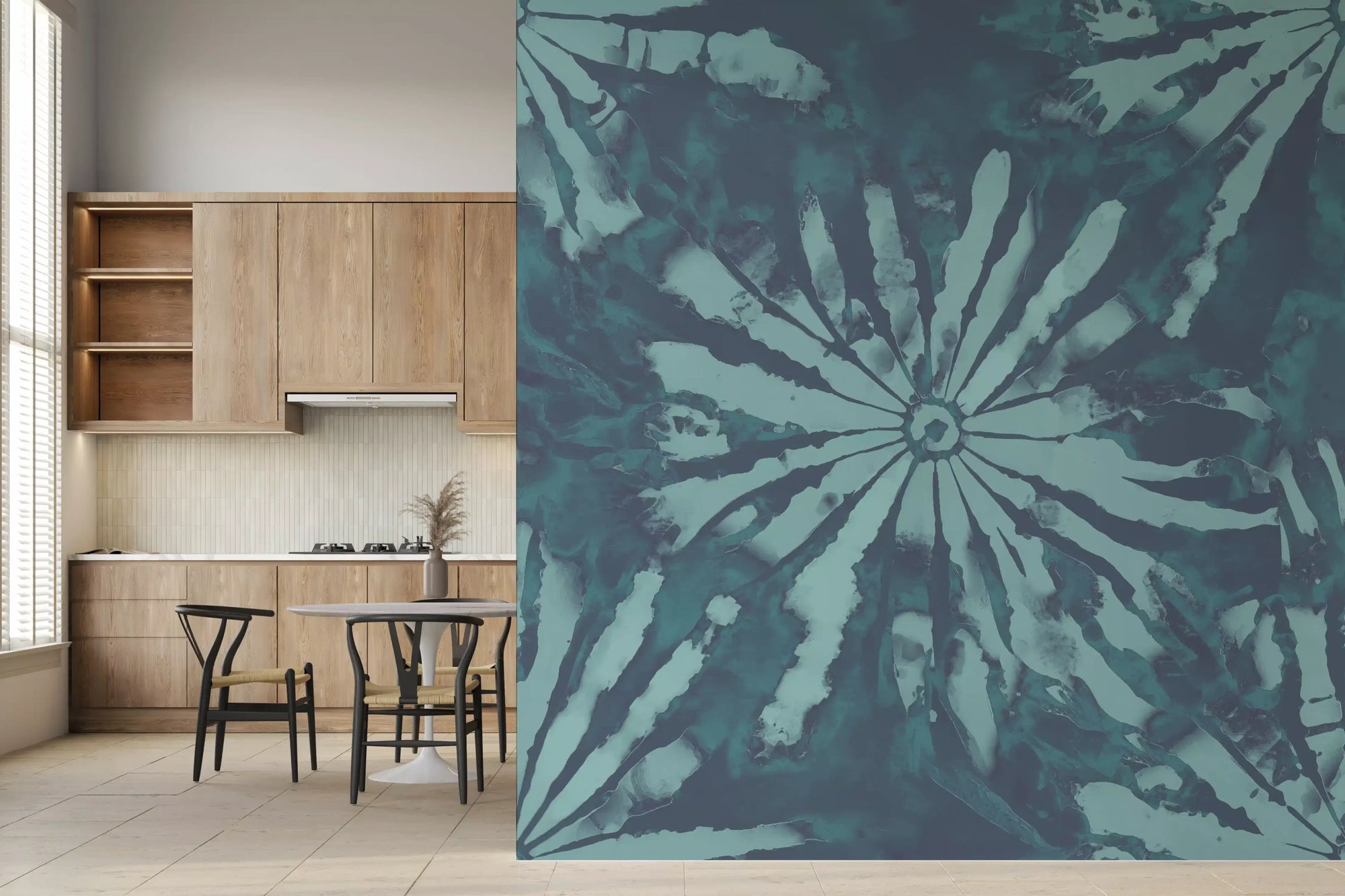 Kitchen area Burst Wall Mural with layered teal shapes and painterly texture