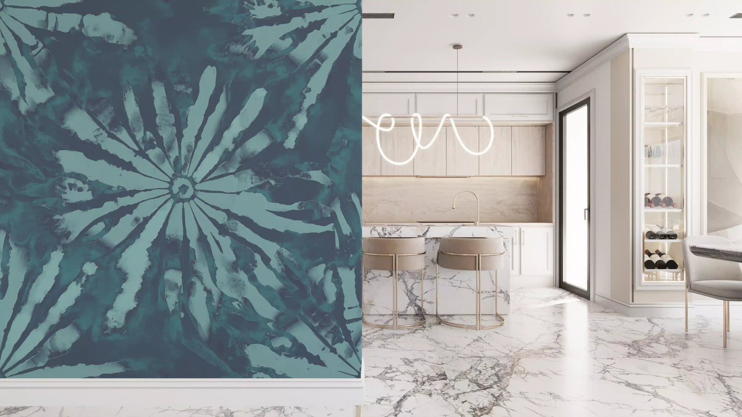 Aquatic abstract mural with painterly texture and flowing blue depth
