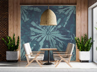Dining area aquatic wall mural featuring moody blue-green burst forms