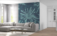 Living room Subaqueous Burst wall mural with deep aqua bloom artwork
