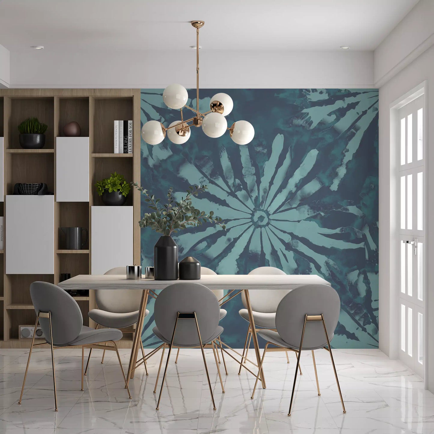 Teal abstract mural with textured water-like movement and deep contrast