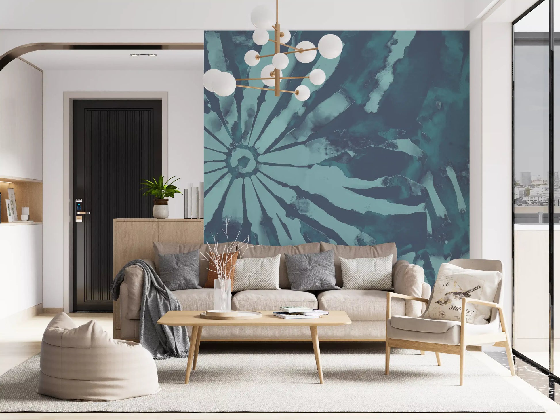 Subaqueous Burst Wall Mural with radial abstract forms and aqua tones