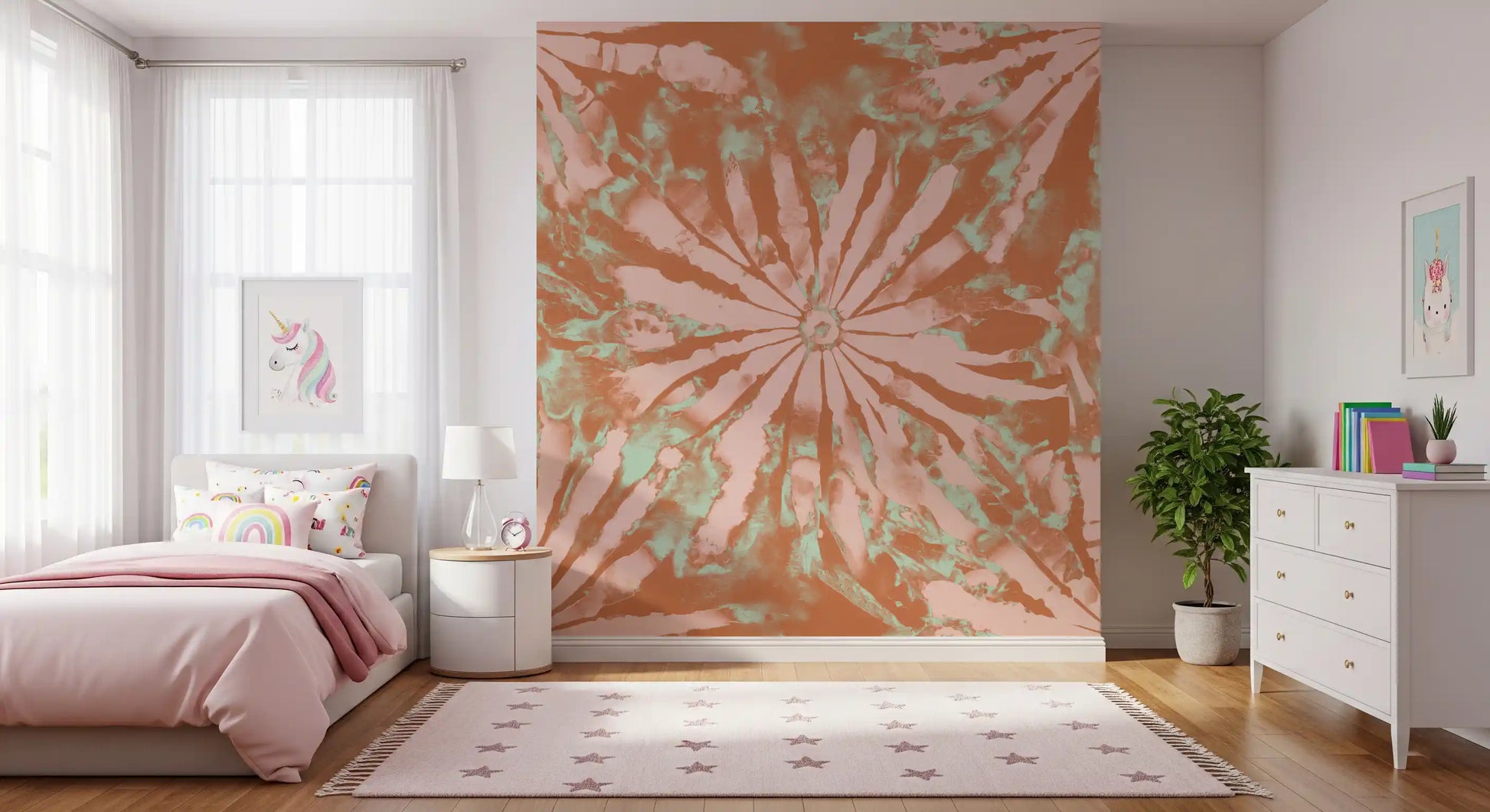 Bedroom Radiance Wall Mural with abstract flower shapes and clay tones