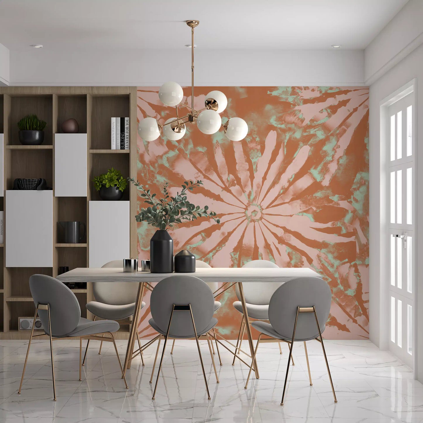 Blush bloom wall mural carrying clay colour, soft green, and artistic depth
