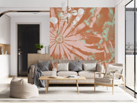 Terra wall mural with warm botanical shapes and pastel painted detail