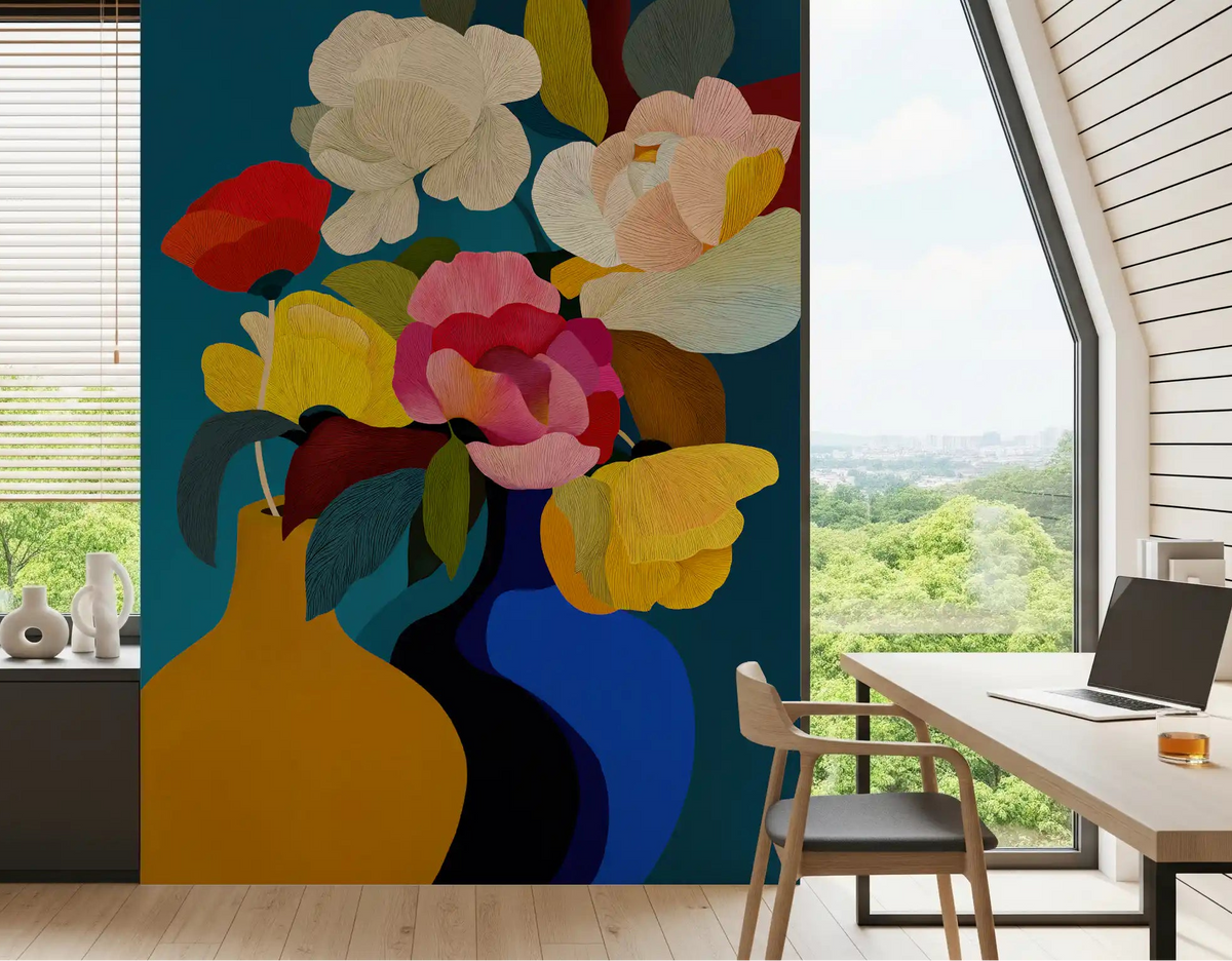 Botanical wall mural with textured petals, colorful blossoms, and painterly arrangement