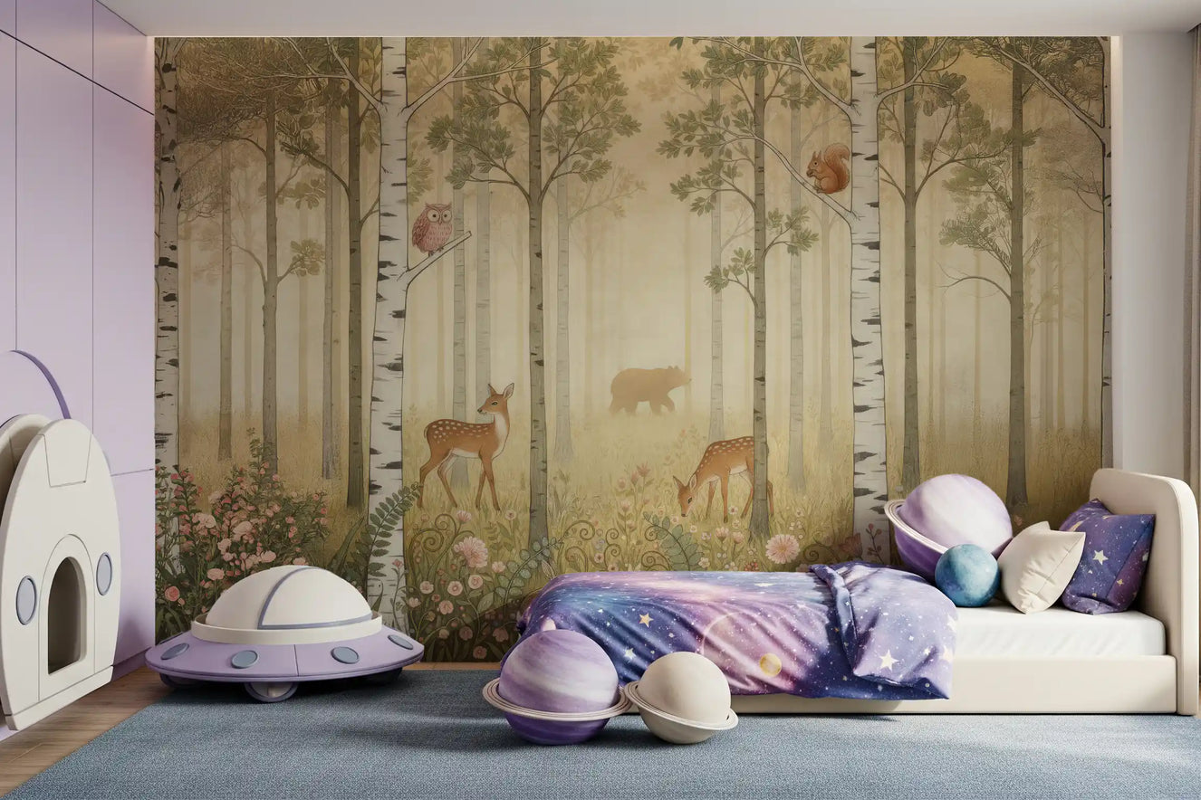 Kids room glows in woodland tones with Forest Animals Wildflowers Warm Sun wall mural