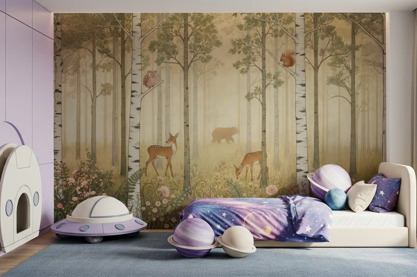 Kids room glows in woodland tones with Forest Animals Wildflowers Warm Sun wall mural