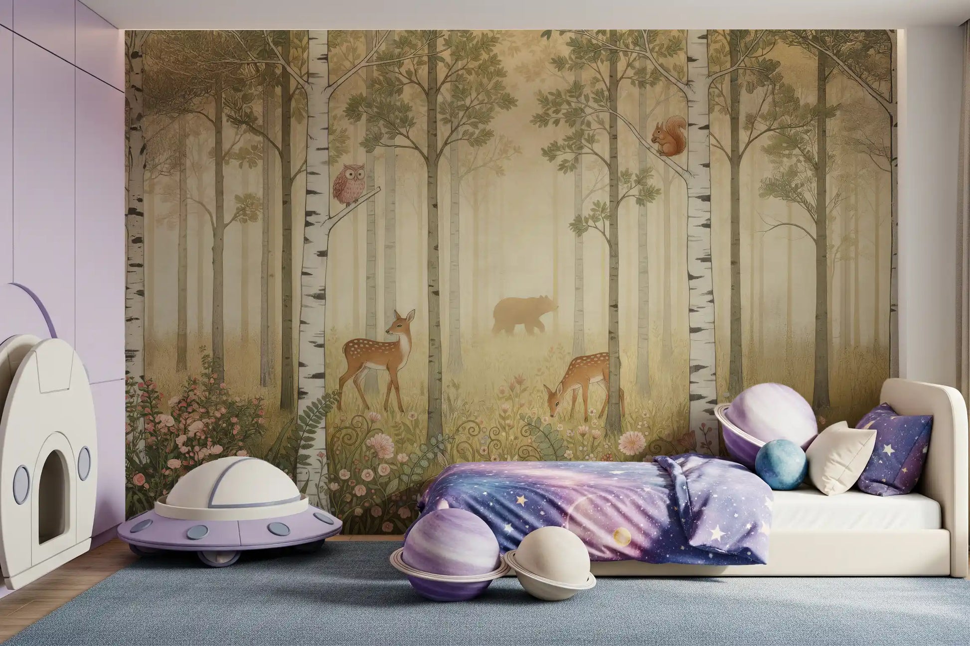 Kids room glows in woodland tones with Forest Animals Wildflowers Warm Sun wall mural