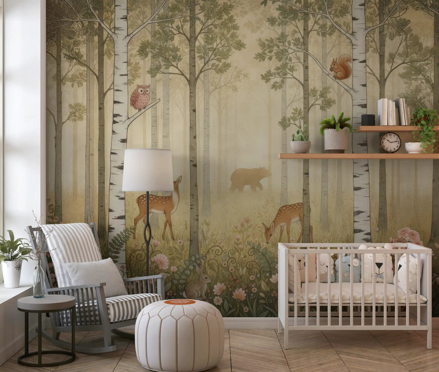Two fawns graze near ferns inside the Forest Animals Wildflowers wall mural