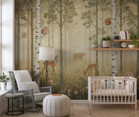 Two fawns graze near ferns inside the Forest Animals Wildflowers wall mural