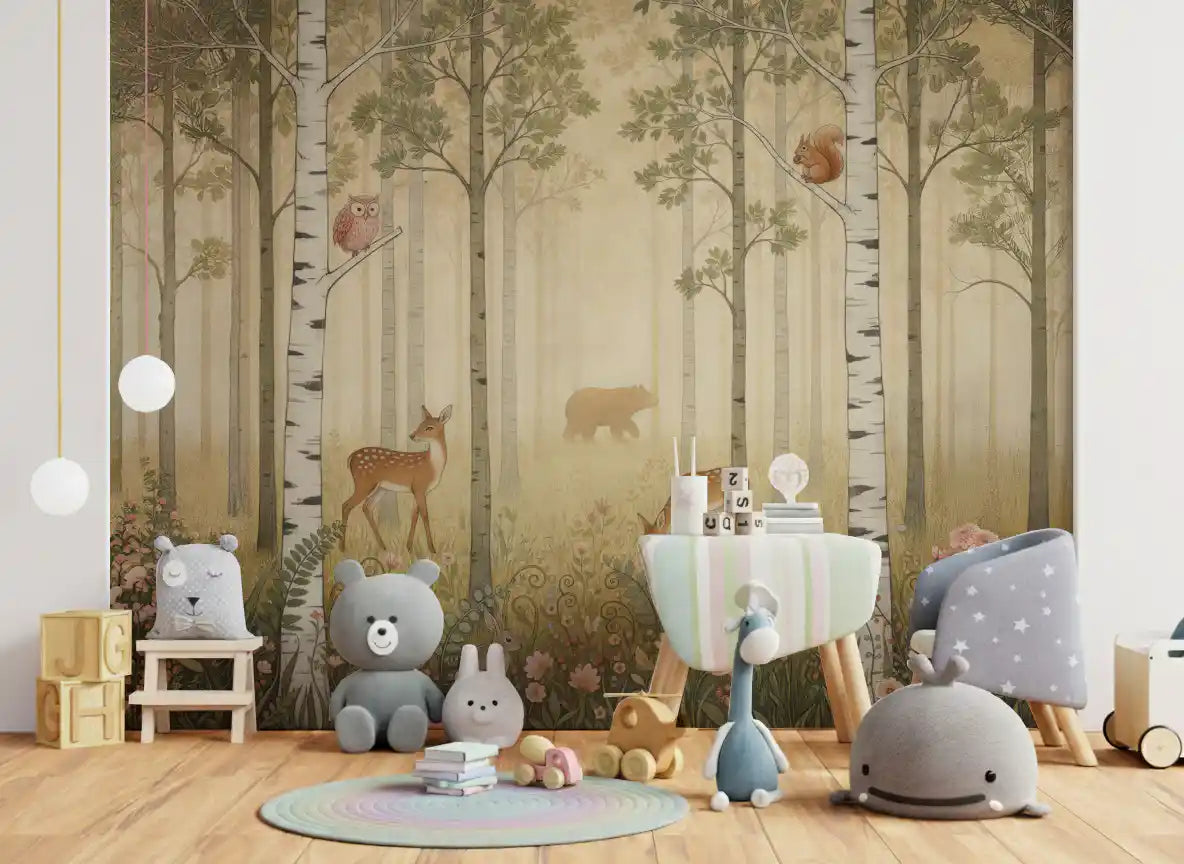 Kids play area shows pastel tones from deer, rabbit, and birch in the Forest Animals wall mural