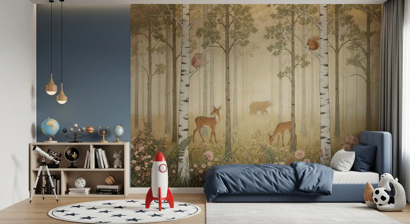 Birch grove and roaming fawns kids Bedroom with the Forest Animals wall mural
