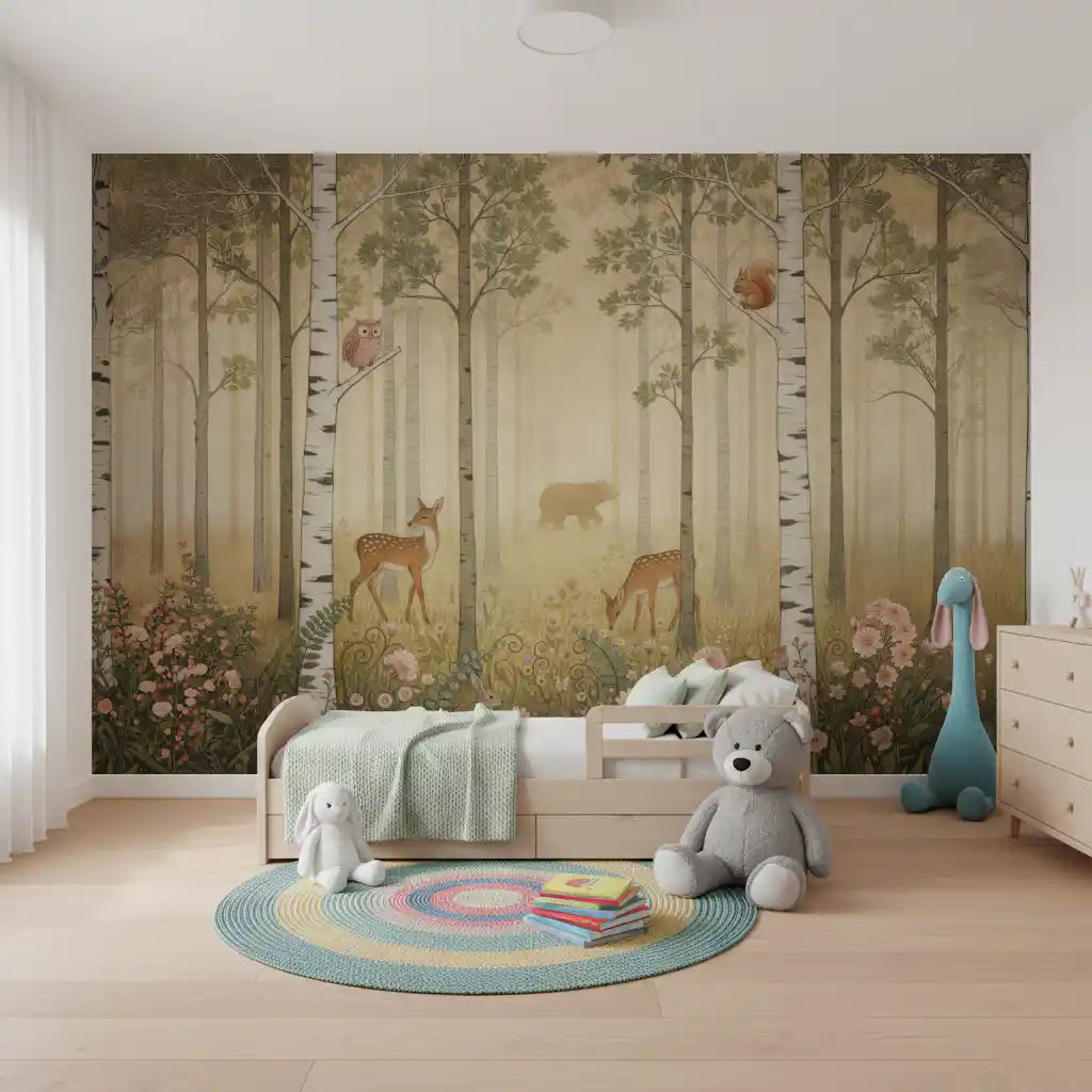 Kids bedroom gathers golden glow around the Forest Animals Warm Sun wall mural