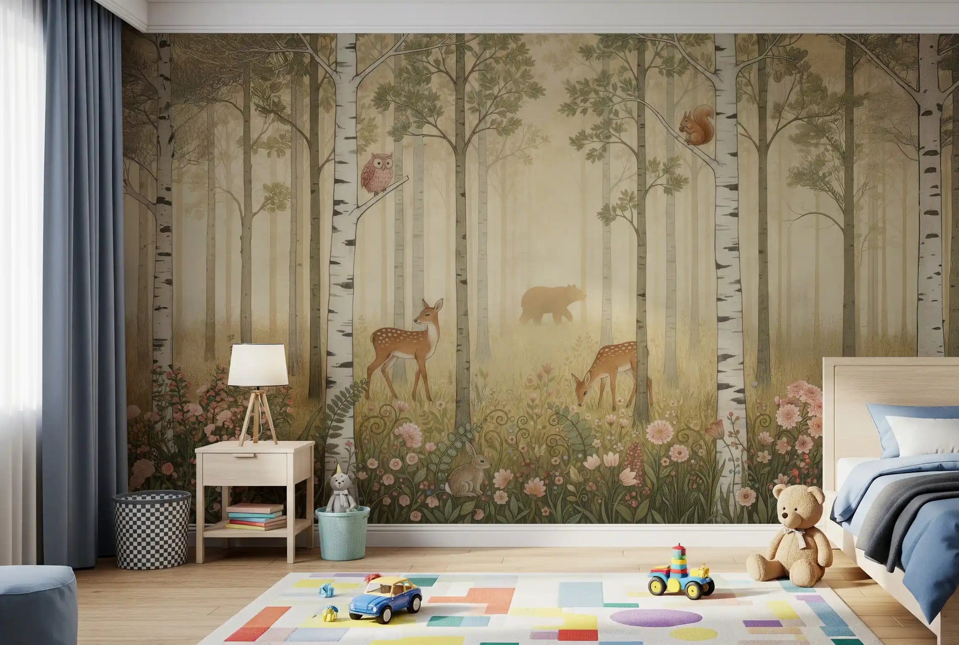 Kids' room feels playful with deer, owl and rabbit on the Warm Sun wall mural