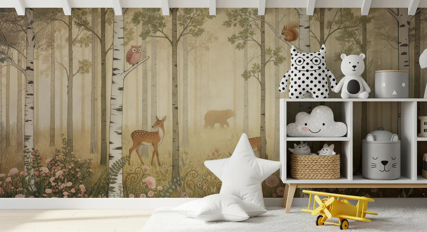 Birch trunks rise through golden haze on the Forest Animals Warm Sun wall mural