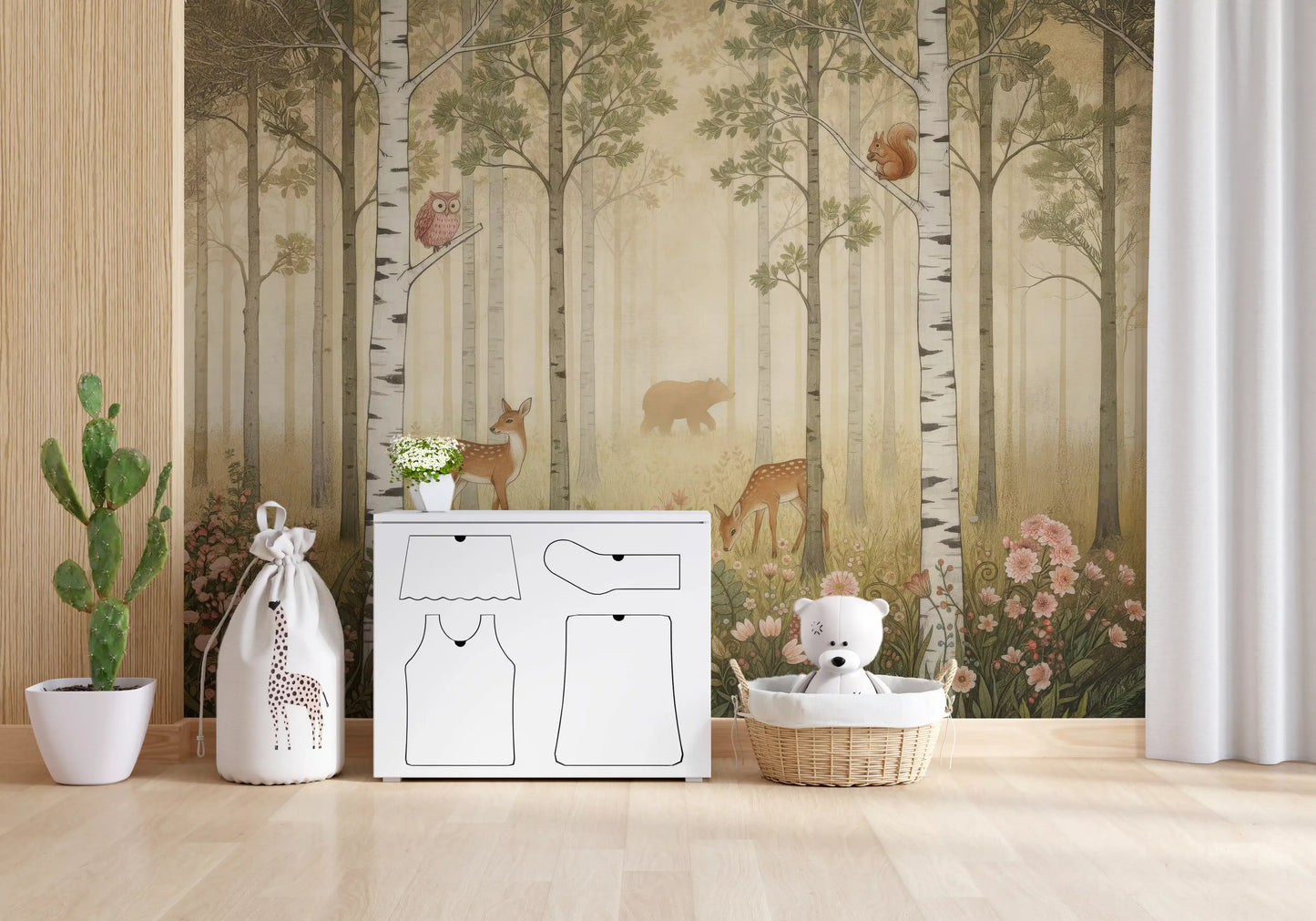 Pink, ivory and peach blooms cluster low in the Forest Animals wall mural