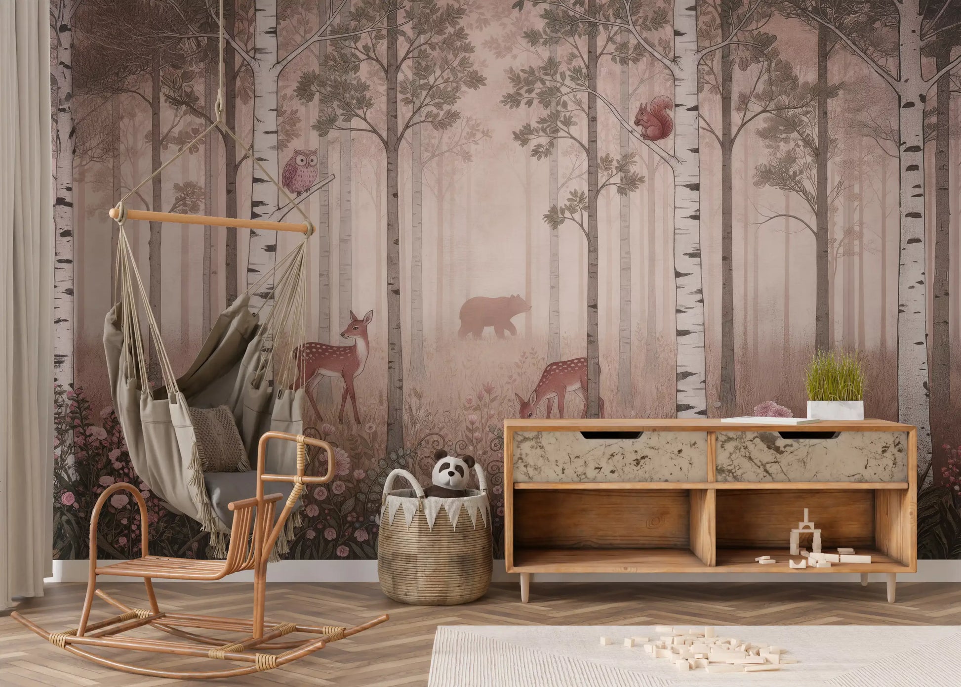 Dawn-lit birch grove with grazing fawns in this Forest Animals wall mural.