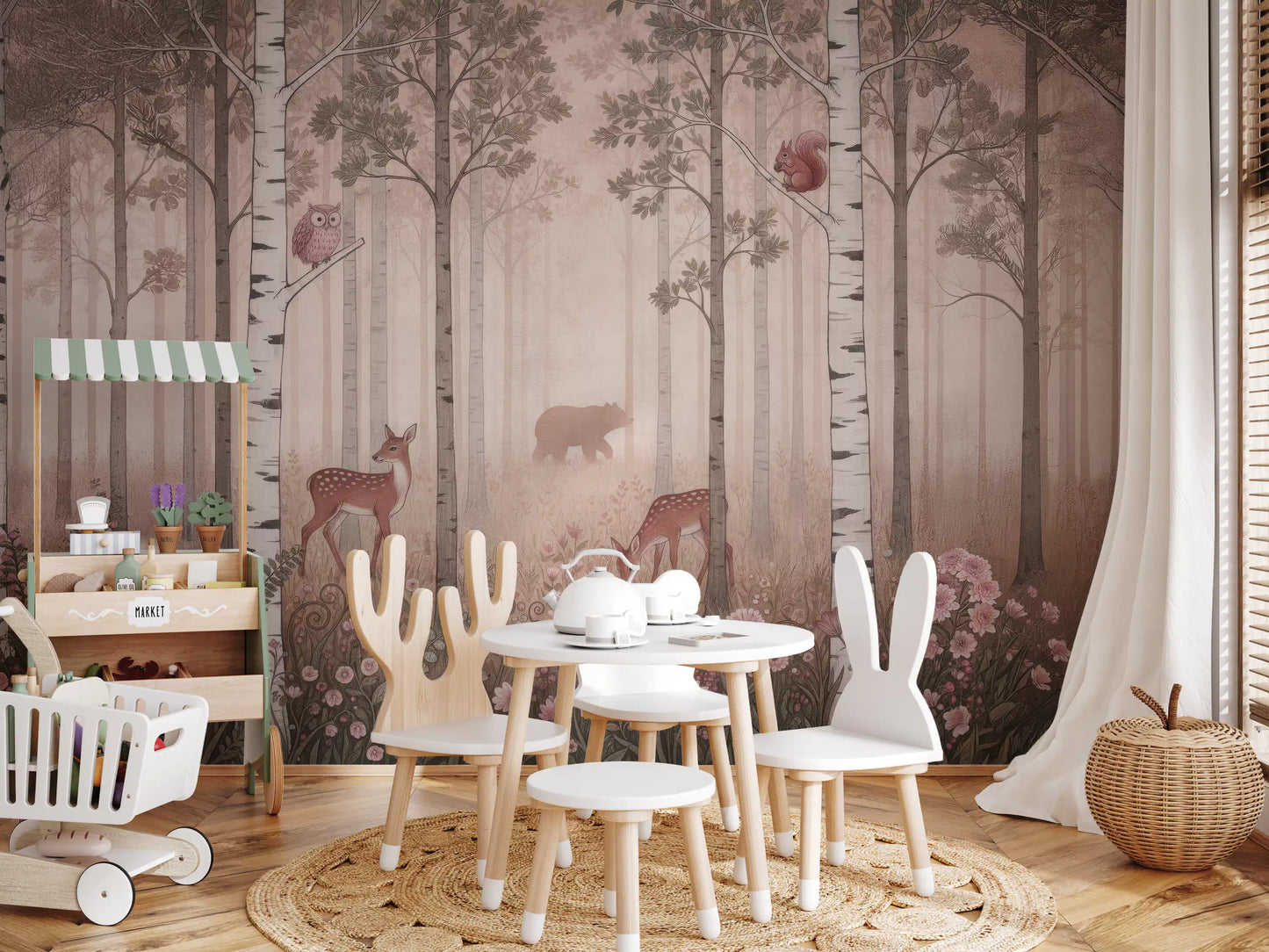 Misty deer and birch glow in the Dawn wall mural set within a Kids play room.