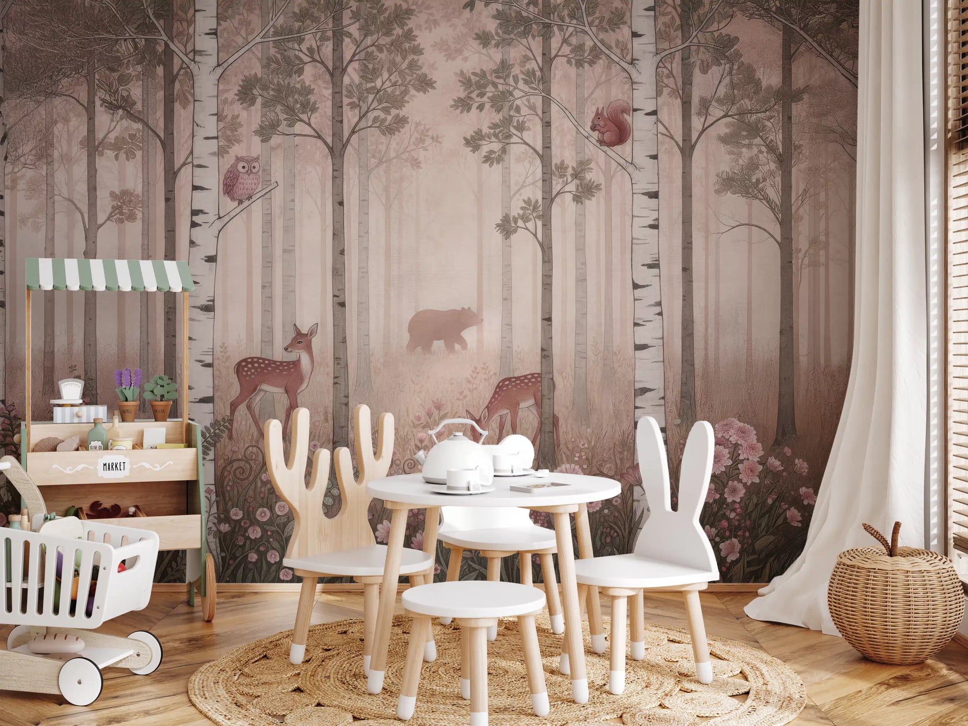 Misty deer and birch glow in the Dawn wall mural set within a Kids play room.