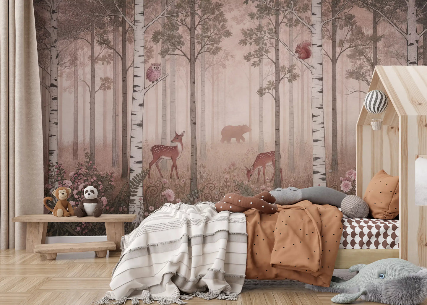 Russet squirrel sits high among misty trees in the Wildflowers Dawn wall mural.