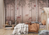 Russet squirrel sits high among misty trees in the Wildflowers Dawn wall mural.