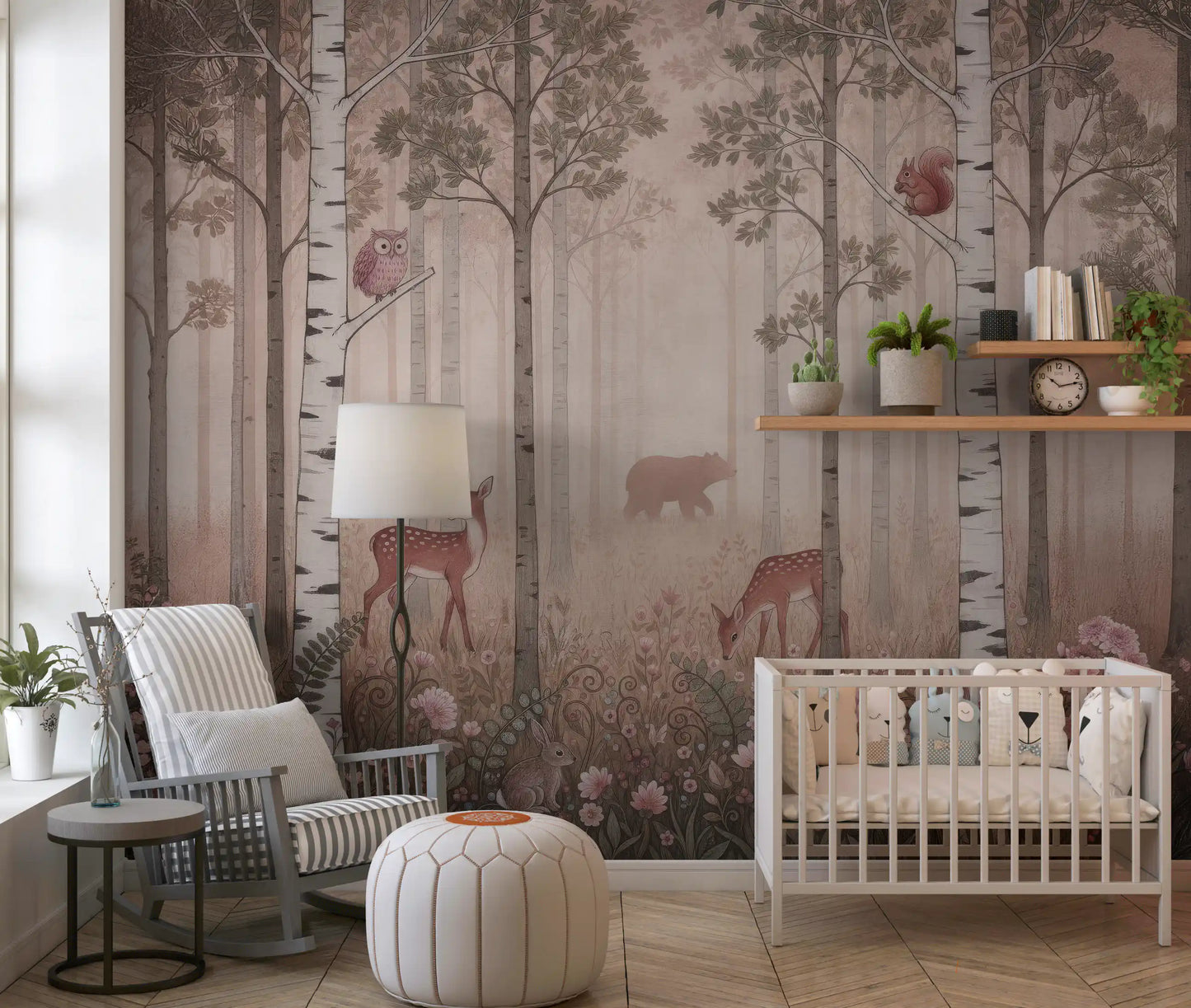 Owl perched on a birch branch beside pink wildflowers in this wall mural.