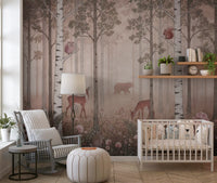 Owl perched on a birch branch beside pink wildflowers in this wall mural.