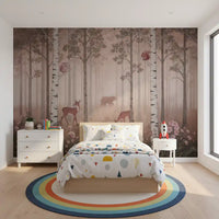 Owl, fawn and squirrel meet in the Wildflowers Dawn wall mural across a kids' room.