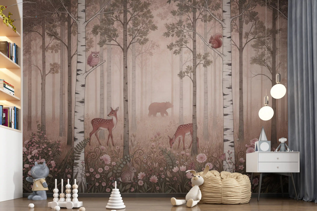 Hare and bear in the Forest Animals and Wildflowers Dawn wall mural for a nursery.