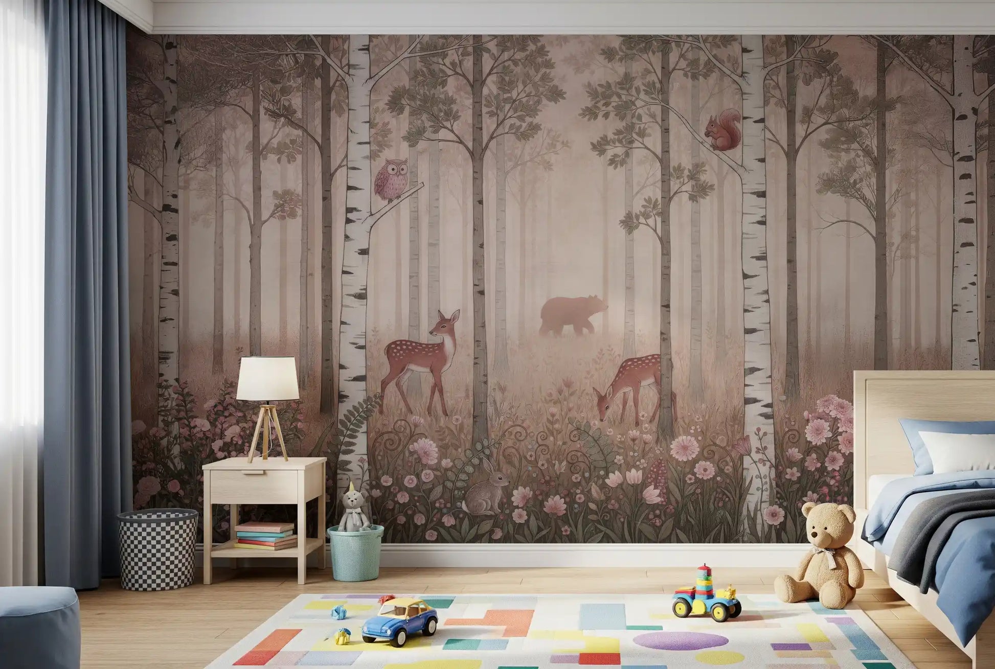 Pink-dawn woodland scene in this wall mural sits over a relaxed Kids area.