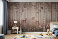 Pink-dawn woodland scene in this wall mural sits over a relaxed Kids area.