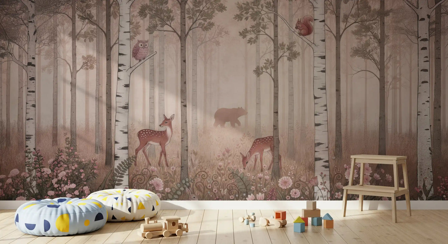 A bear shape drifts through faded haze in the Forest Animals Dawn wall mural.