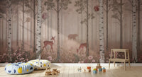 A bear shape drifts through faded haze in the Forest Animals Dawn wall mural.